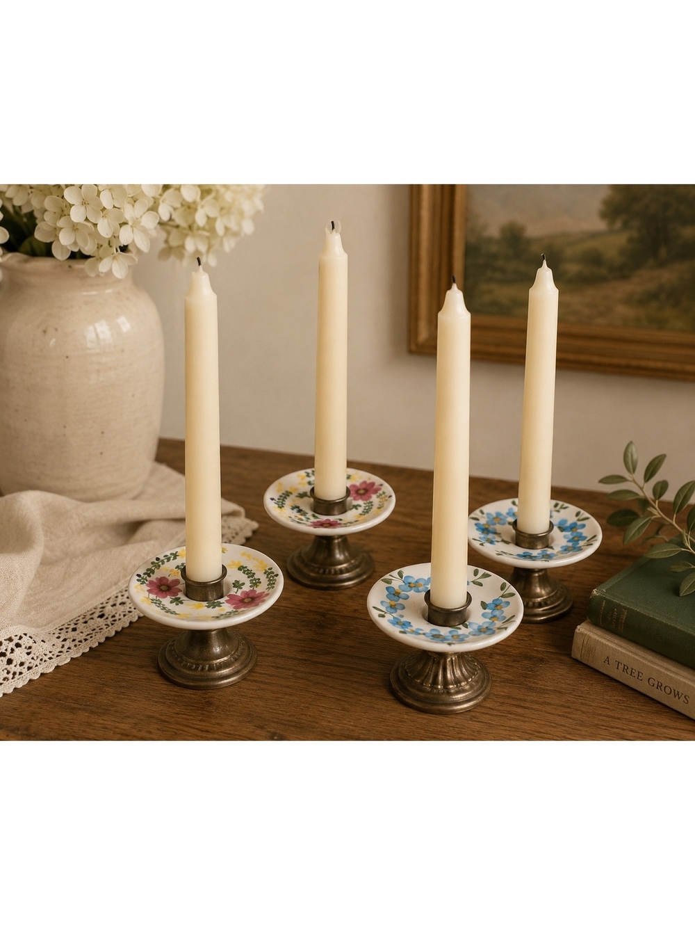 Vintage Hand Painted Ceramic Taper Candle Bobeches Set of 4 Floral Drip Catchers